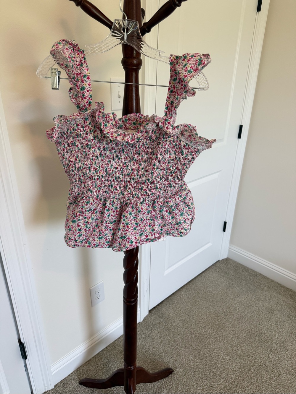 Arula Pink Floral Ruffle Smocked Tank Top